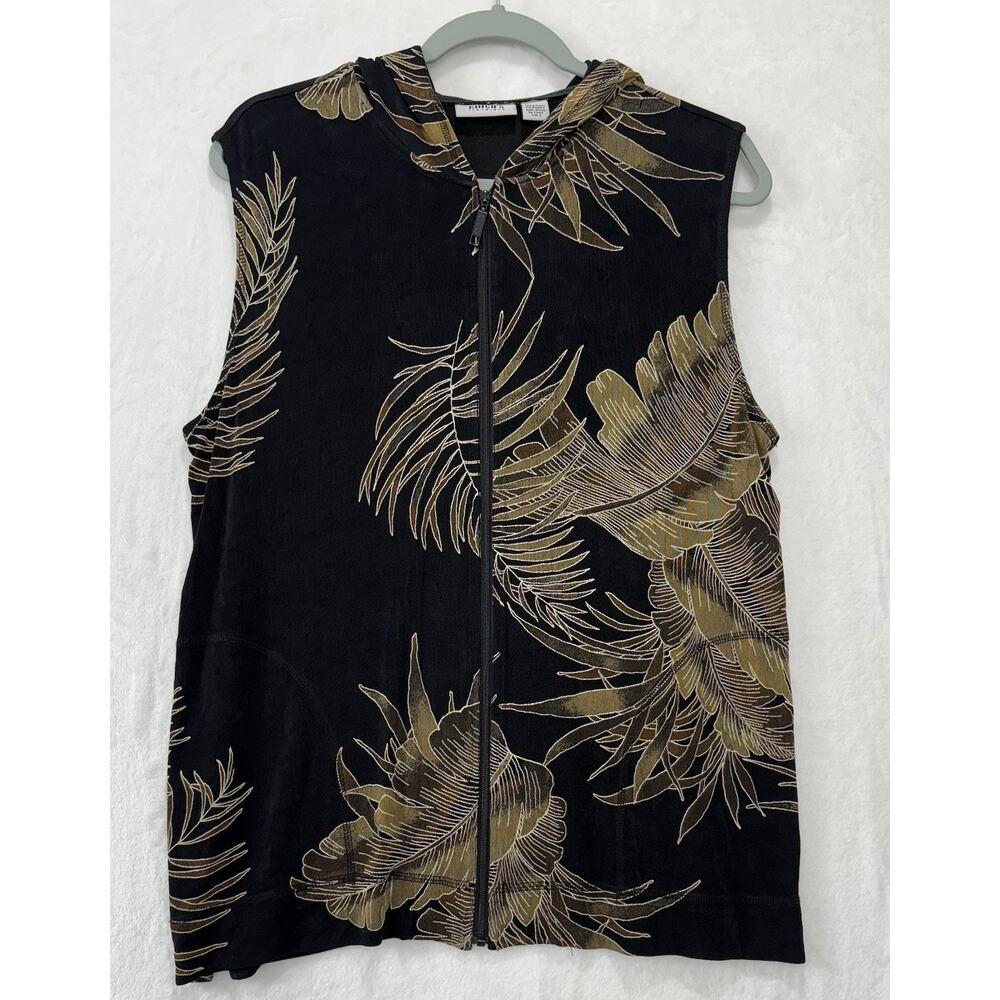 Chicos Travelers Hooded Black Palm Print Full Zip Sleeveless Vest Size 3